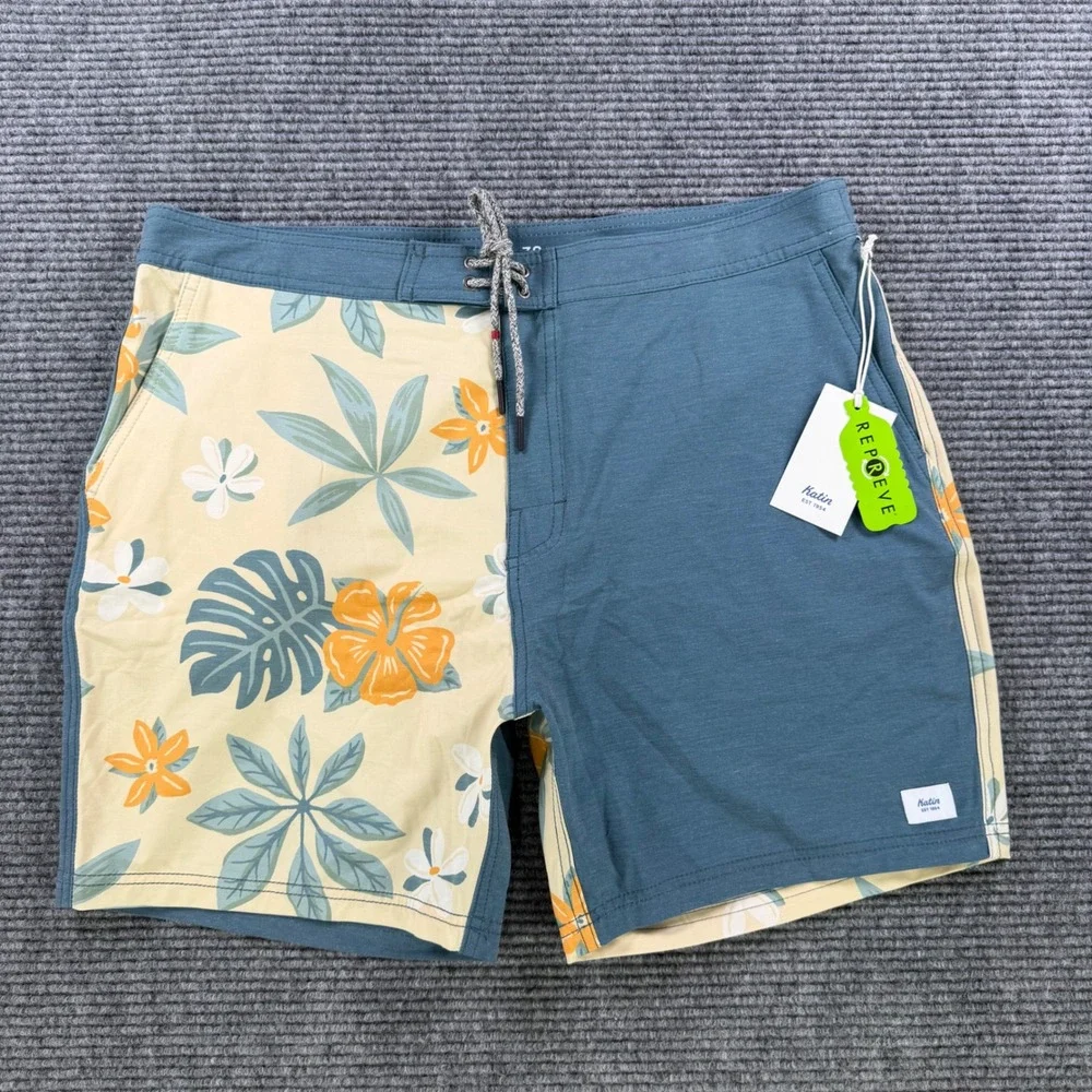 NEW Katin Cruz Hybrid‎ Trunk Board Shorts Mens 38 Slate Blue Tropical Floral